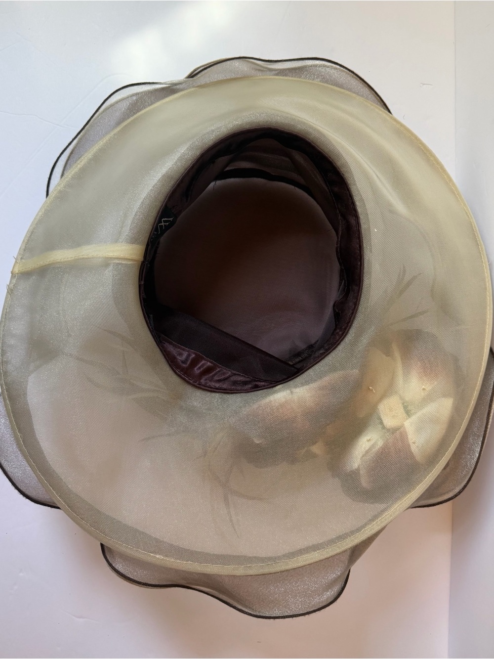 Whittall & Shon Brown Beige Organza Derby Church Hat Floral Feather EUC - Picture 4 of 6